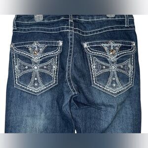Mudd Juniors Size 5 Dark Wash Rhinestone & Embroidered Cross Flare Jeans